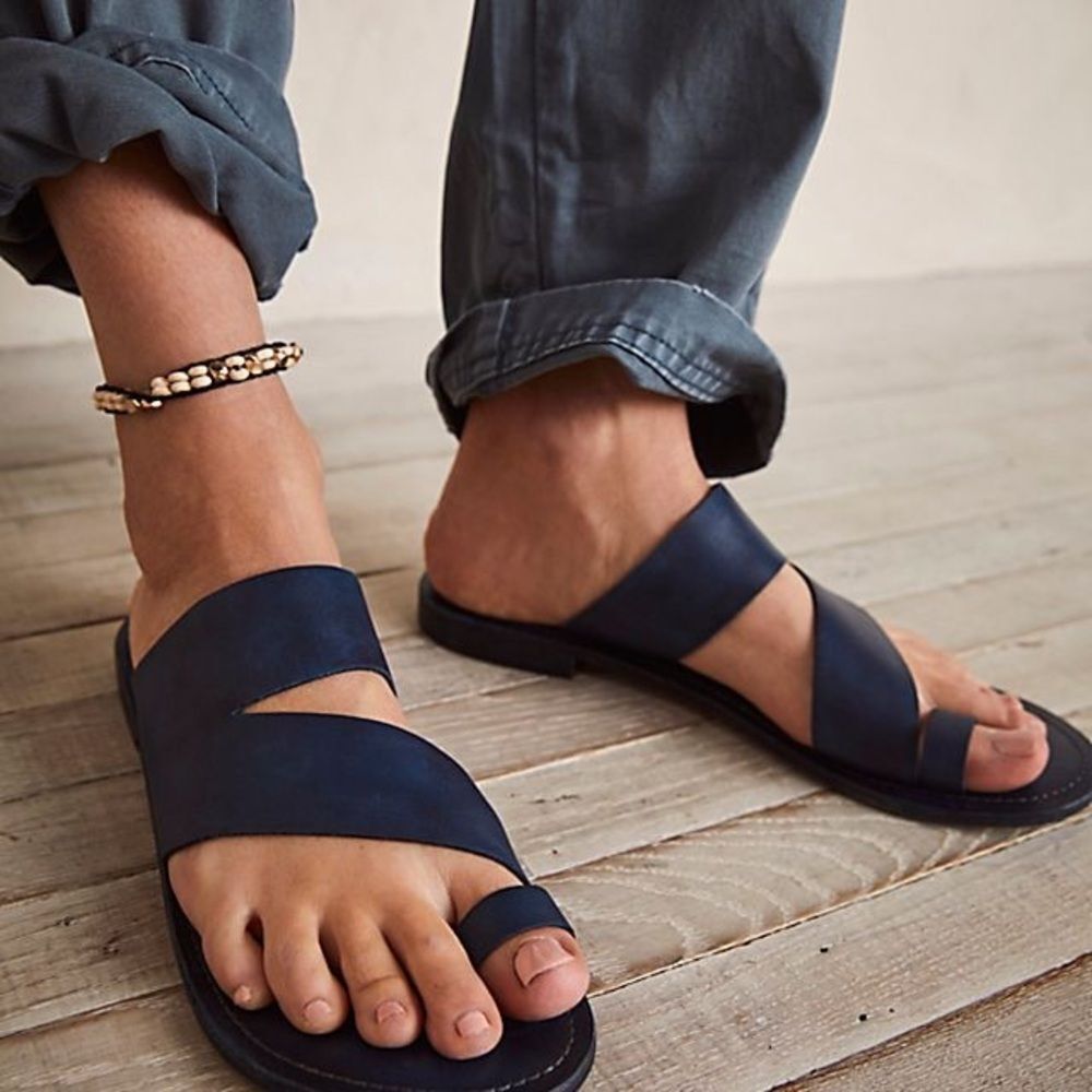 Free People Navy Blue Leather Cross-Strap Sandals